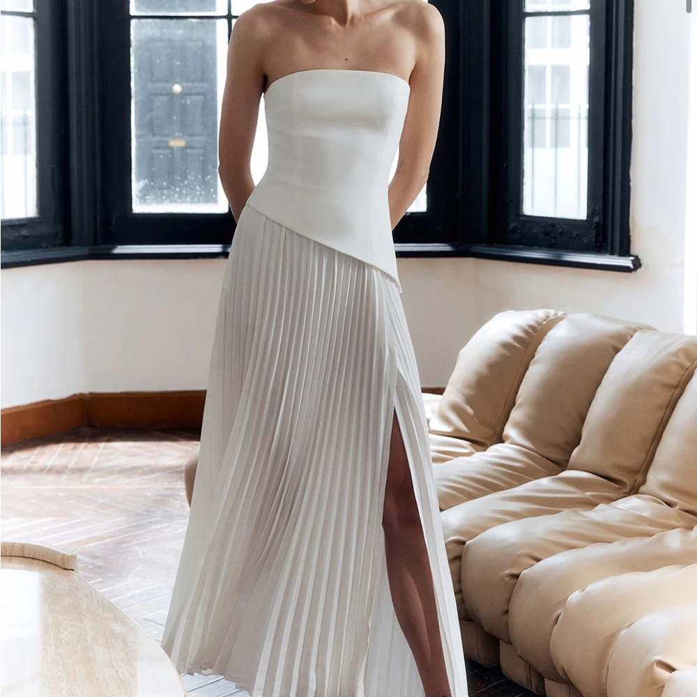 Commense Strapless Cream Pleated A-Line Dress with Side Slit
